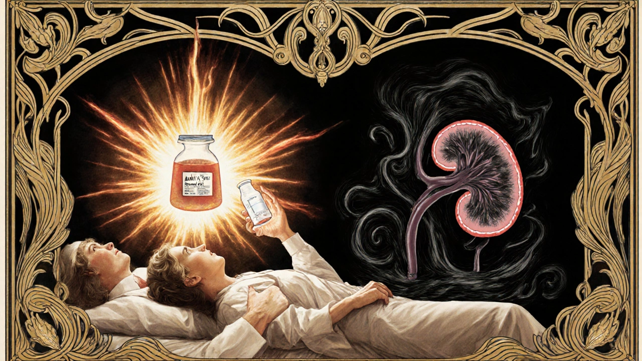 A doctor administers antibiotic while a shadowy kidney succumbs to toxic tendrils, illustrated in elegant Art Nouveau poster style.