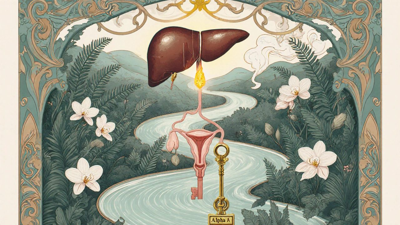 A stylized urinary tract flows through a garden with a glowing liver in the sky, symbolizing safe drug metabolism.
