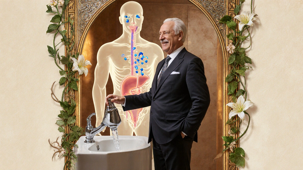 An older man smiles beside a bathroom as tamsulosin molecules exit through kidneys, leaving a healthy liver untouched.
