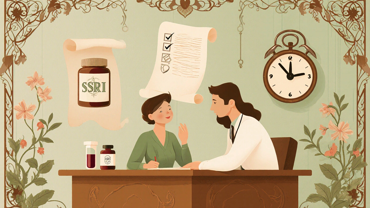 Art Nouveau clinic scene with doctor, patient, pill bottle, checklist, and calendar indicating early monitoring.