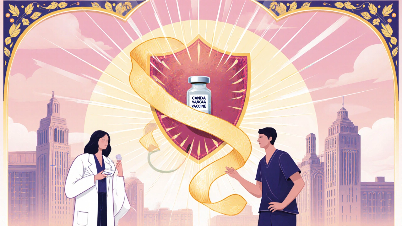Art Nouveau hopeful scene of a vaccine vial, shielded organ, and medical team promoting protection.