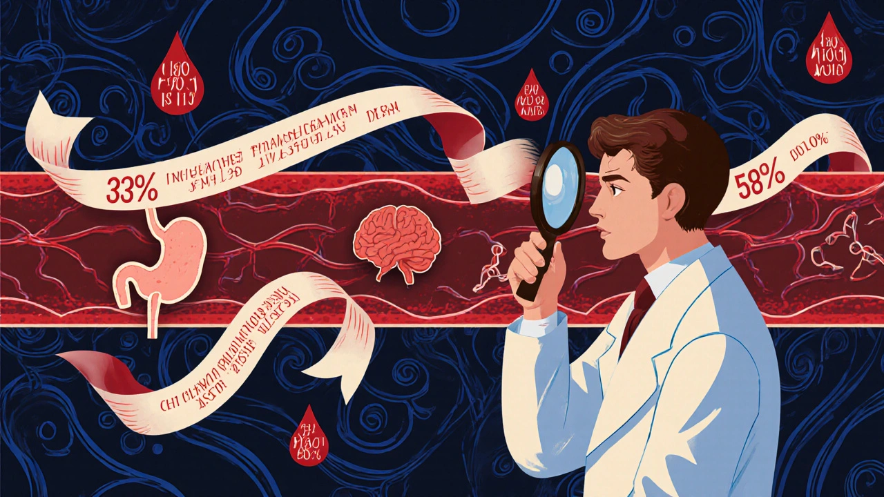 Art Nouveau illustration of researcher examining blood vessels with highlighted GI, brain, and other bleed sites.