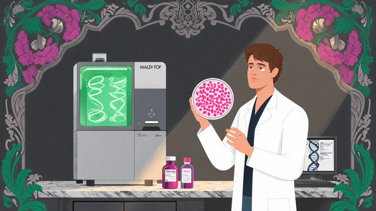 Art Nouveau lab illustration with Candida culture, MALDI‑TOF, PCR machine, and antifungal bottles.