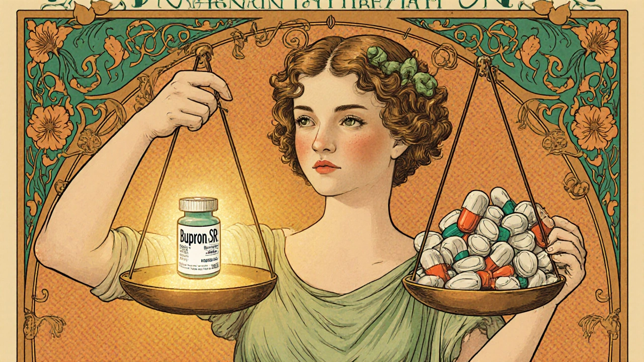 Art Nouveau scene of a muse weighing Bupron SR against other pills.