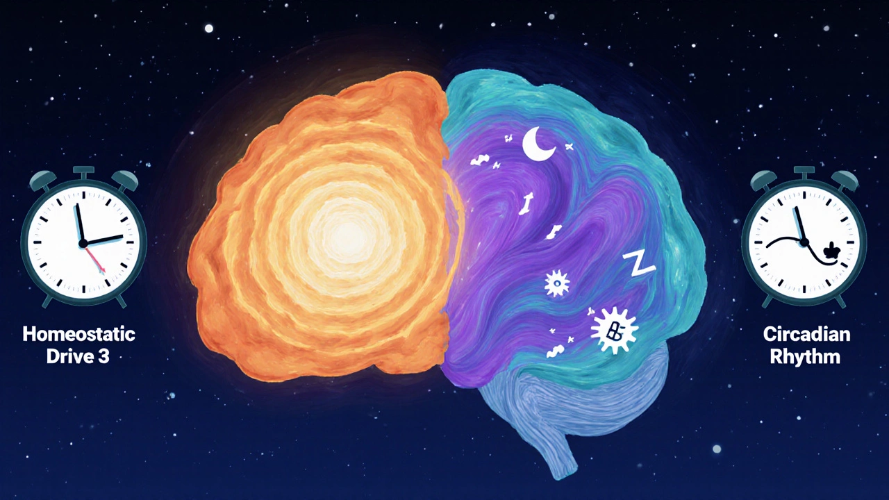 Artistic view of brain activity showing NREM deep sleep and REM stages with clock symbols.