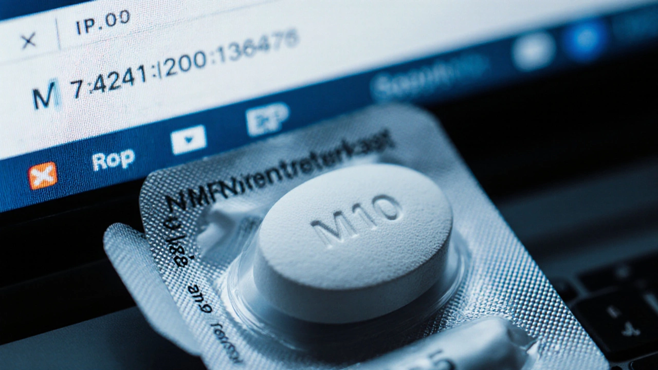 Close-up of white generic montelukast tablet with &quot;M10&quot; imprint in blister pack.