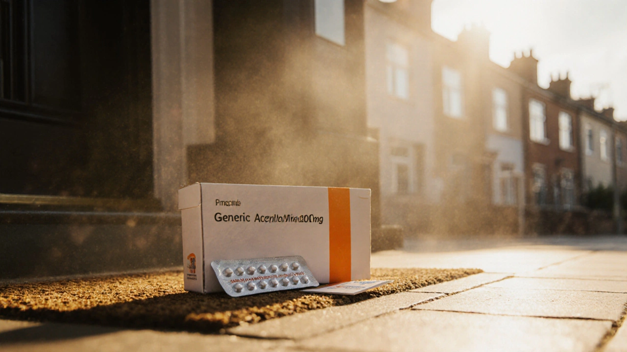 Delivery box on a doorstep showing a generic acyclovir blister pack at sunrise.