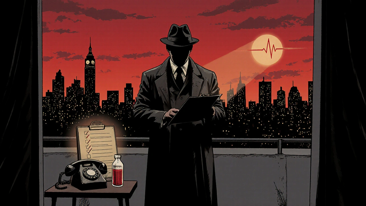 Detective on a rooftop holding a checklist and blood vial with a distant hospital glowing at sunset.