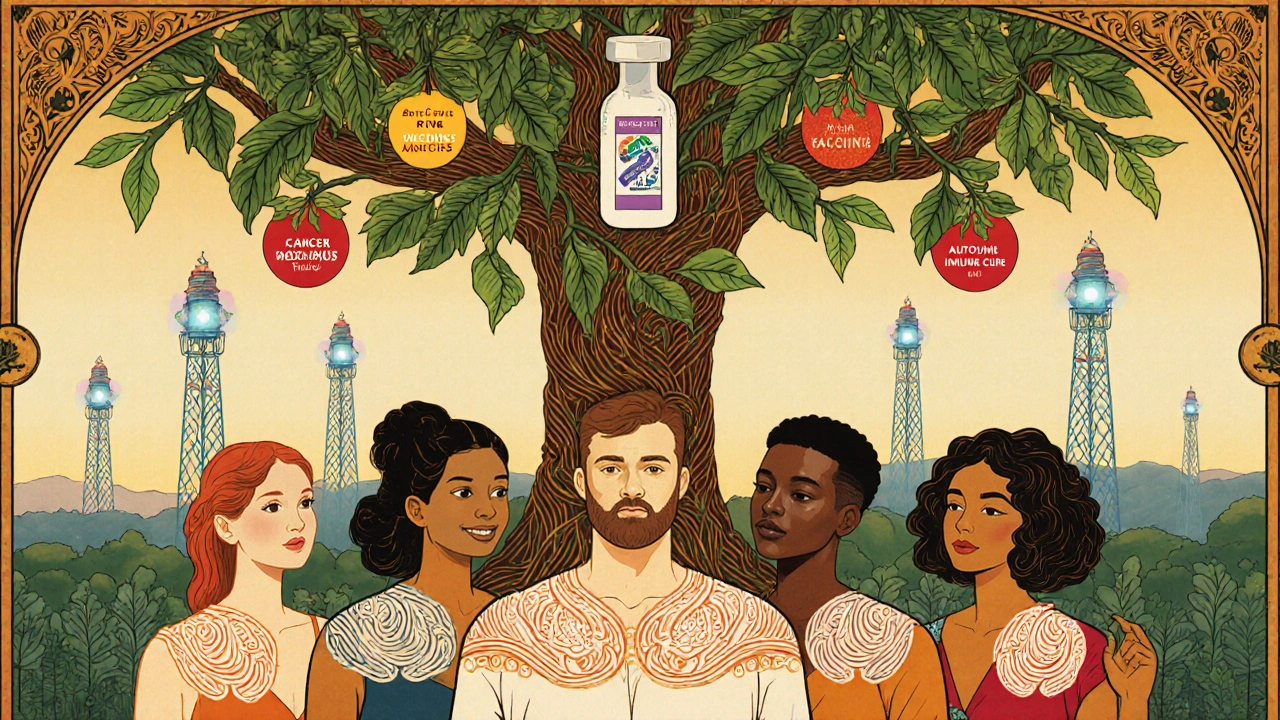 Diverse group with radiant patterns from injection sites, a tree growing from a vial bears medical therapy fruits under AI vines.