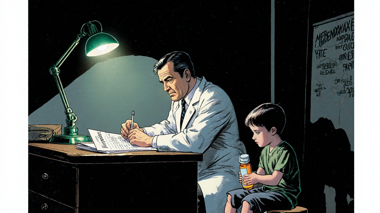 Doctor advises a child about mebendazole dosage in a smoky, lamplit vintage office.