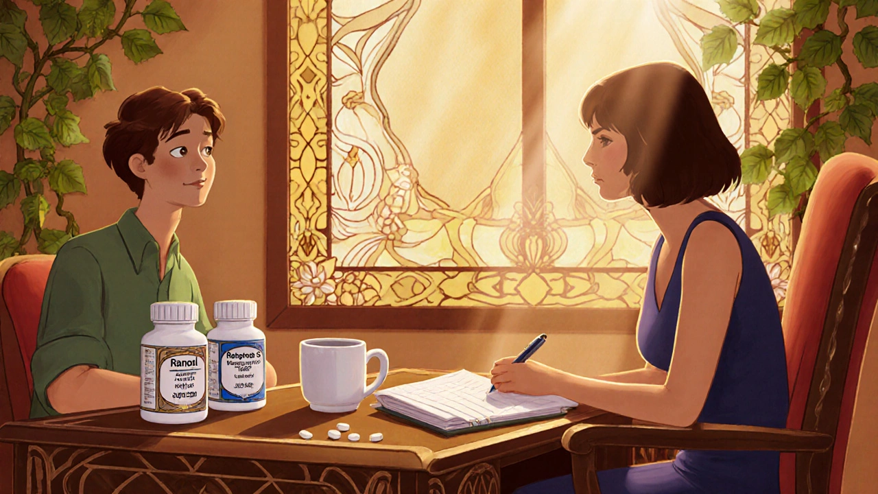 Doctor and patient discussing medication switch with decorative pill bottles in Art Nouveau style.