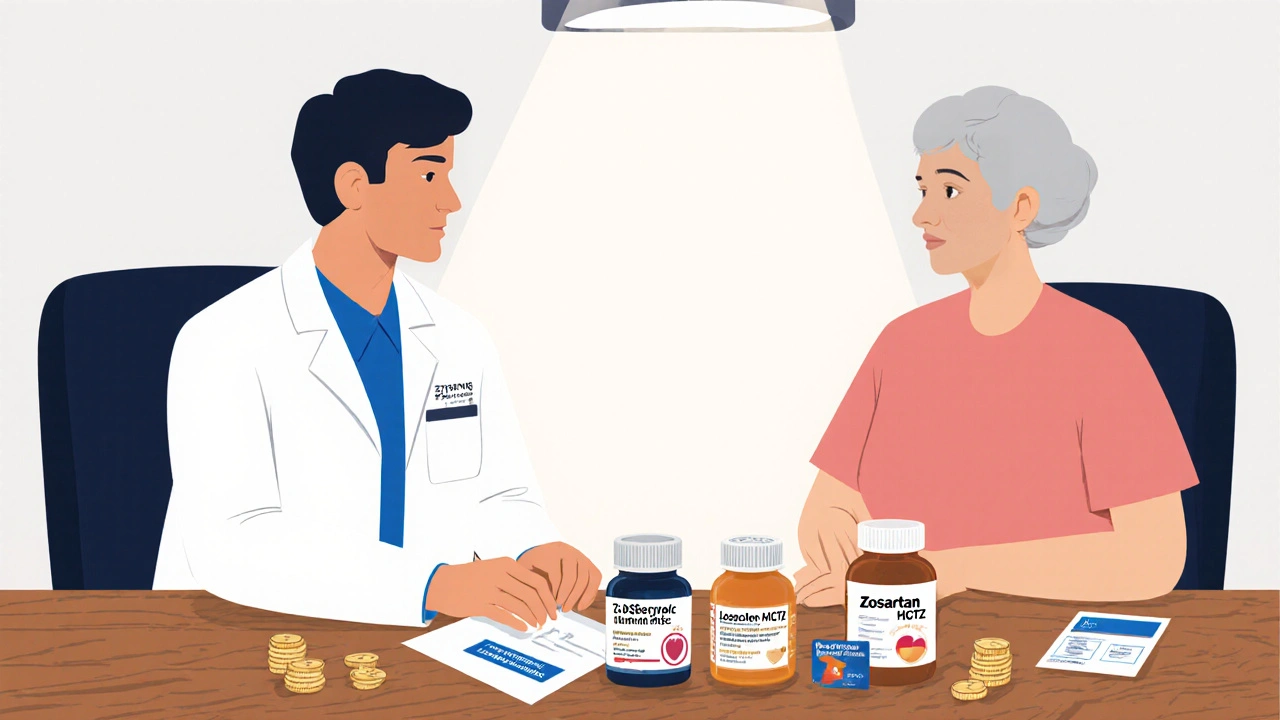 Doctor and patient reviewing multiple medication bottles with coins and insurance card on desk.