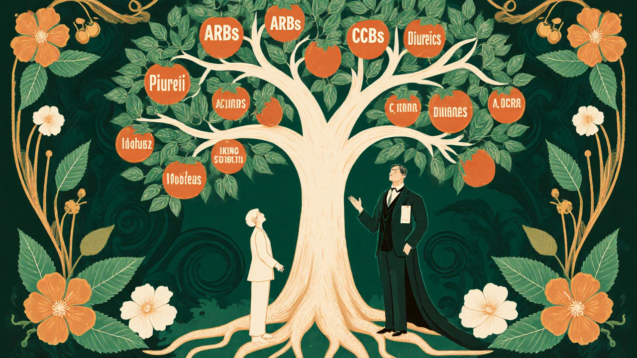 Doctor pointing to a tree of hypertension treatments with botanical motifs in Art Nouveau design