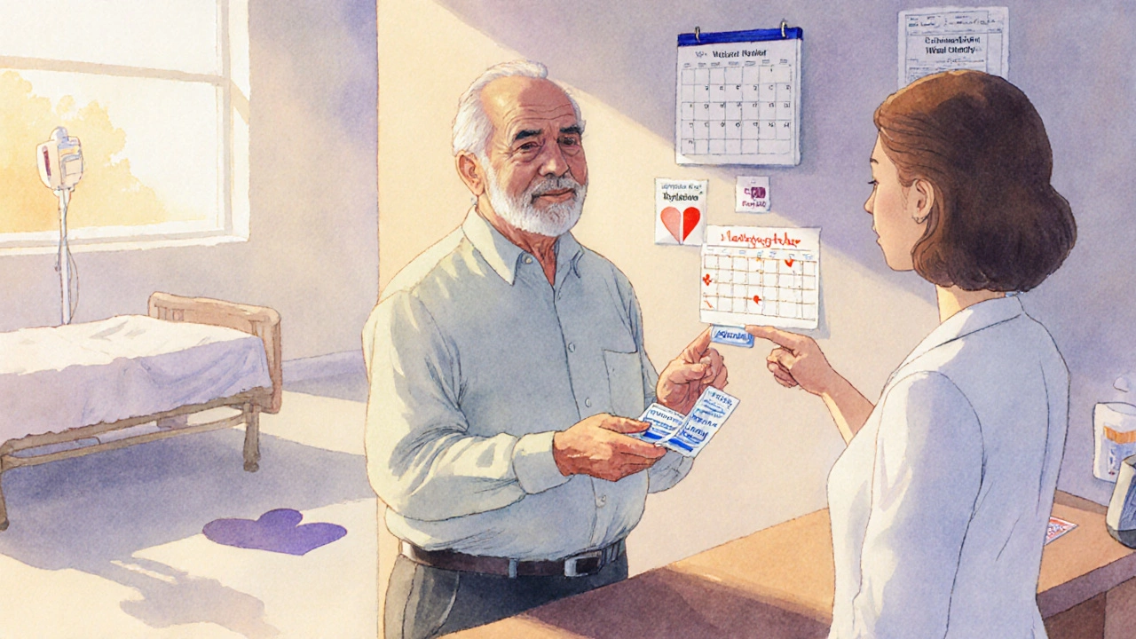 Elderly man at pharmacy holding Apixaban while pharmacist points to a reminder calendar.