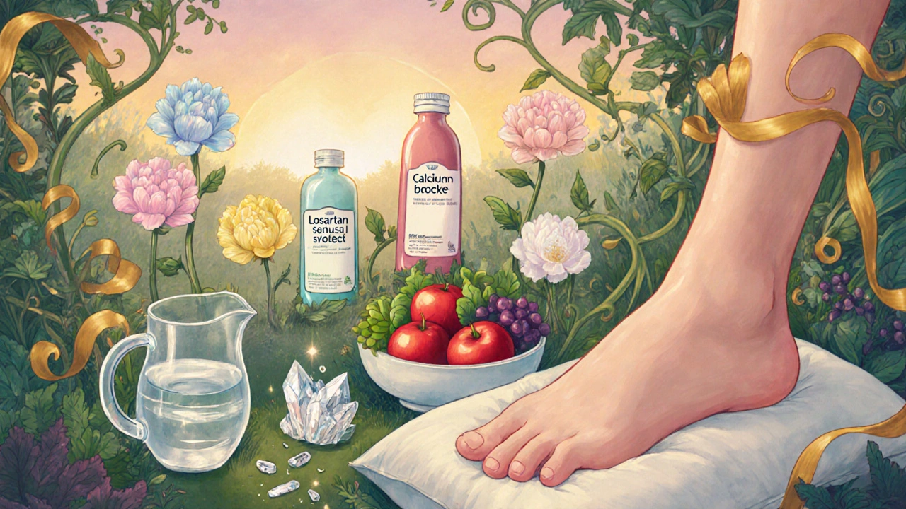 Garden scene with medication bottles as flowers, fruits, water and a relaxed foot, showing gout management.