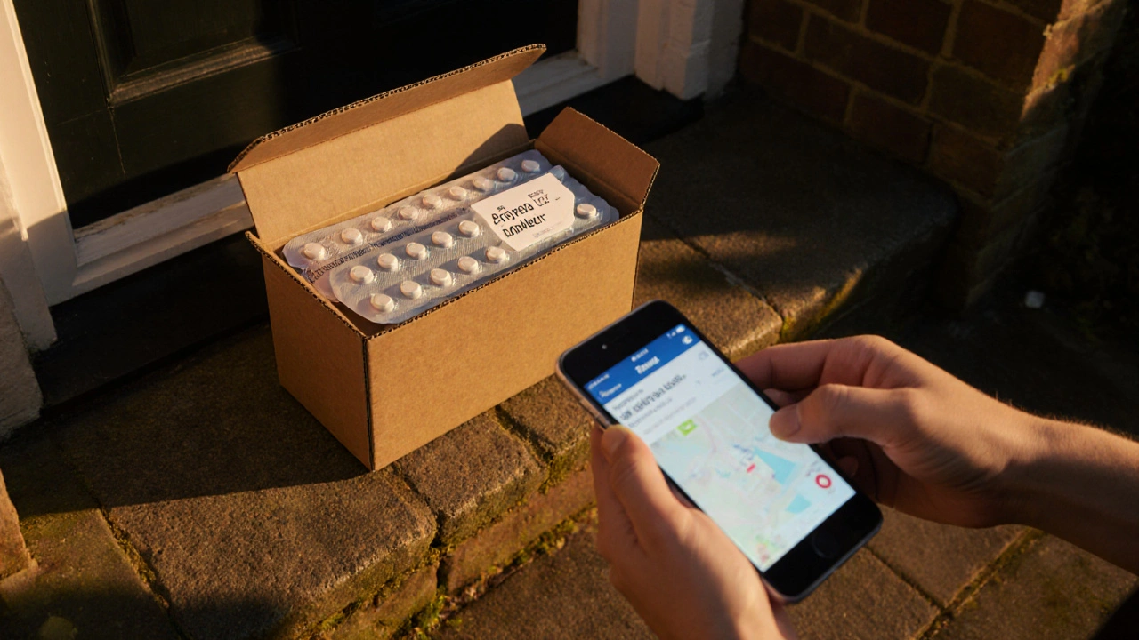 Hands inspecting a delivered box of Provera tablets, checking label and packaging.