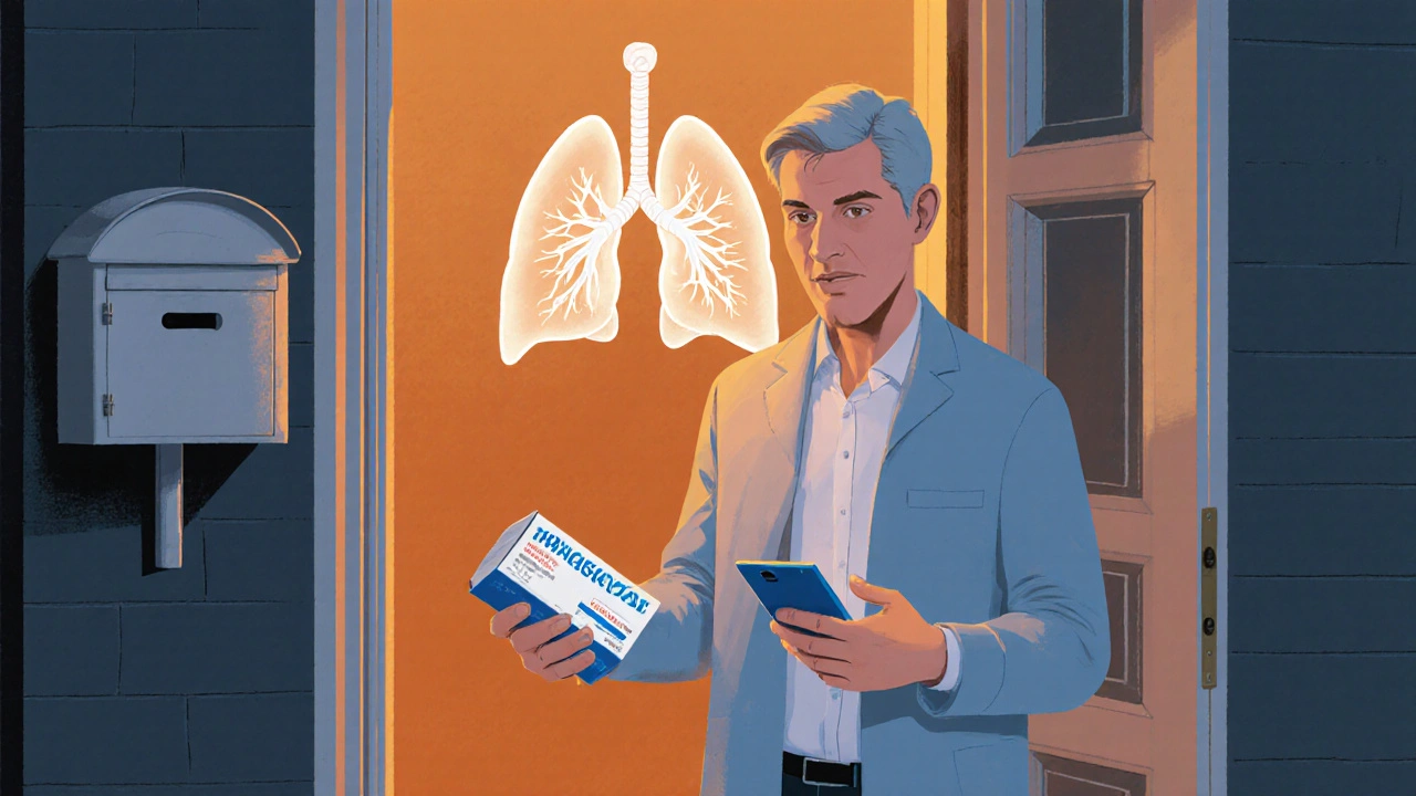 Happy customer opening parcel of generic Singulair, lungs shown clear.