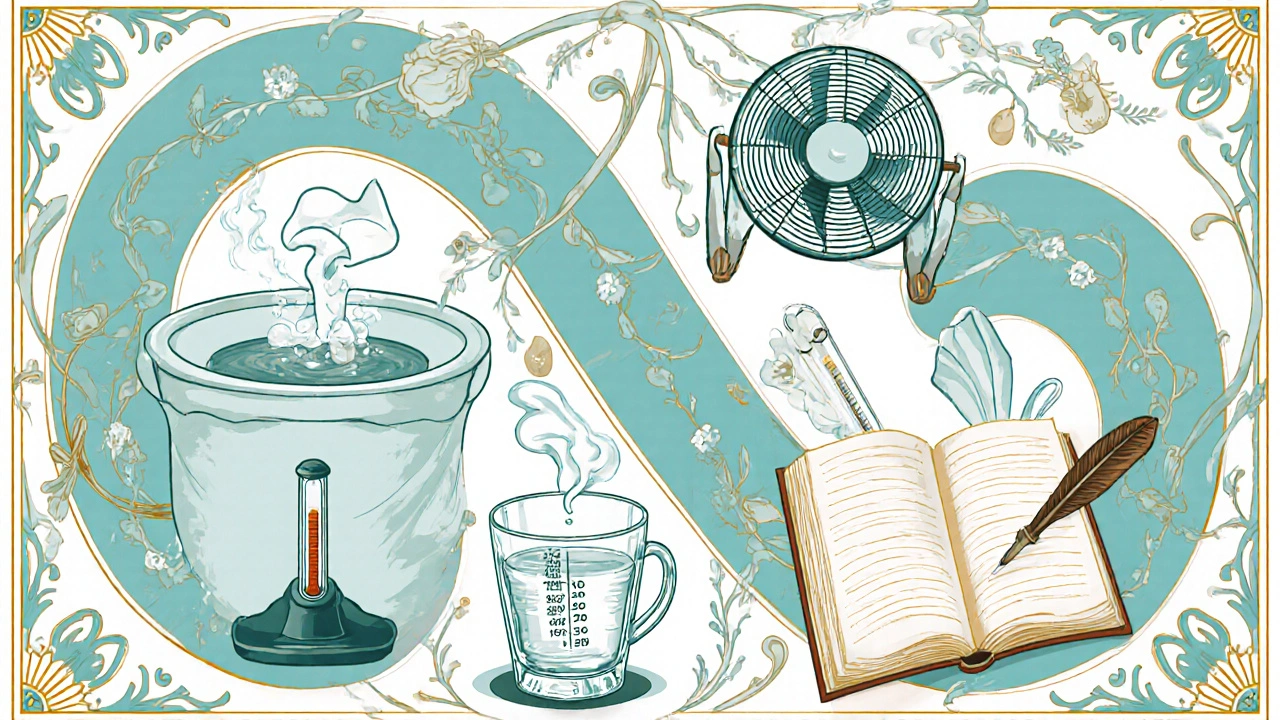Illustrated layout of foot soak, fan mist, water glass, thermometer, and journal in Art Nouveau style.