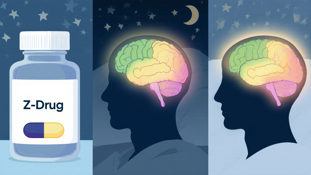 Illustration of different sleep meds beside brain silhouettes highlighting REM changes.