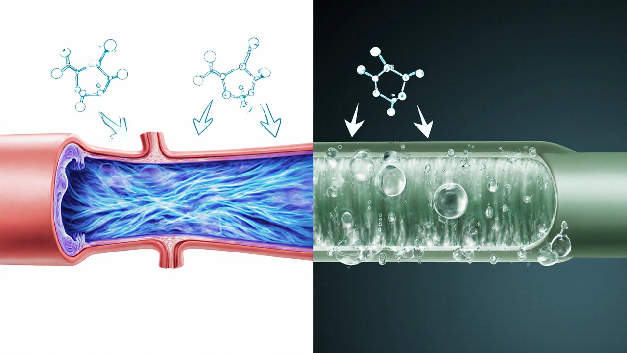 Illustration showing artery relaxation and kidney sodium excretion side by side.