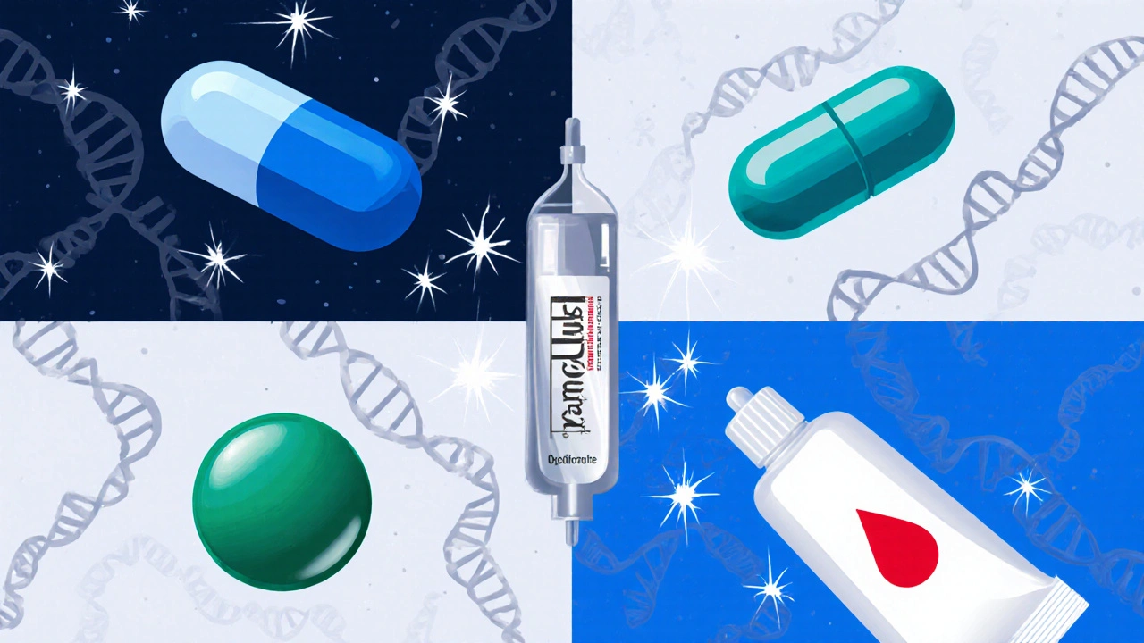 Illustration showing different antiviral tablets, cream tube, and IV bag with DNA strands being blocked.