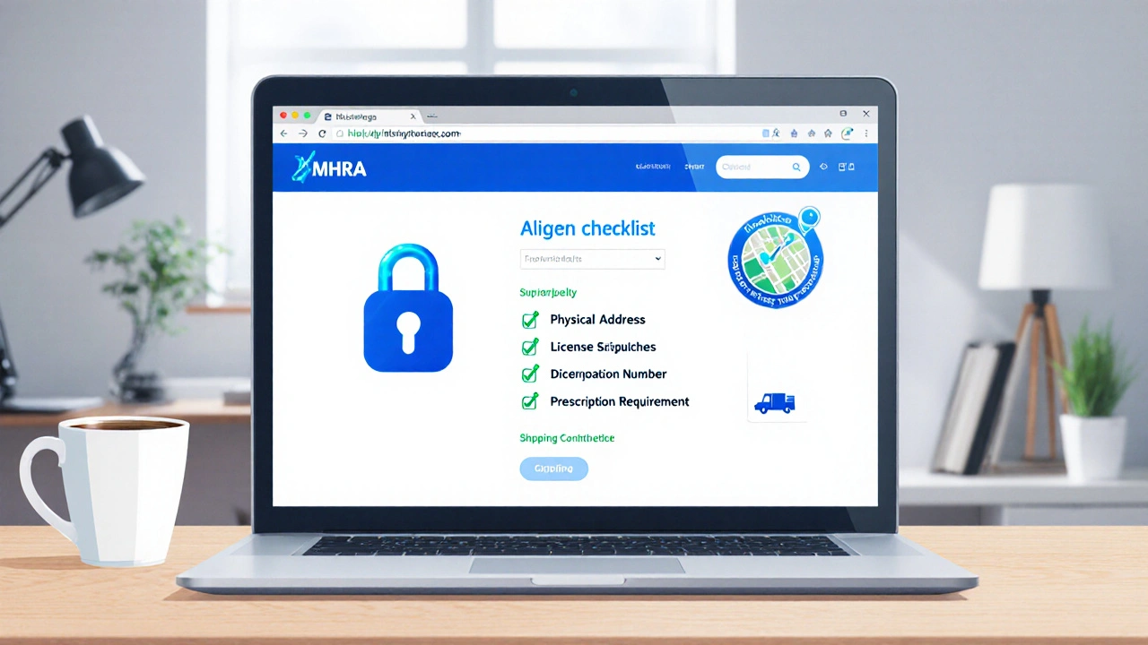 Laptop screen showing secure lock icon, MHRA seal, and checklist icons for a legit pharmacy.