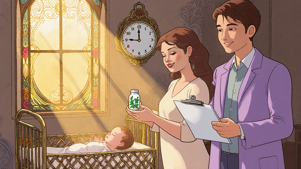 Mother taking medication after nursing, clock nearby, baby sleeping, pediatrician watching, all in Art Nouveau design.