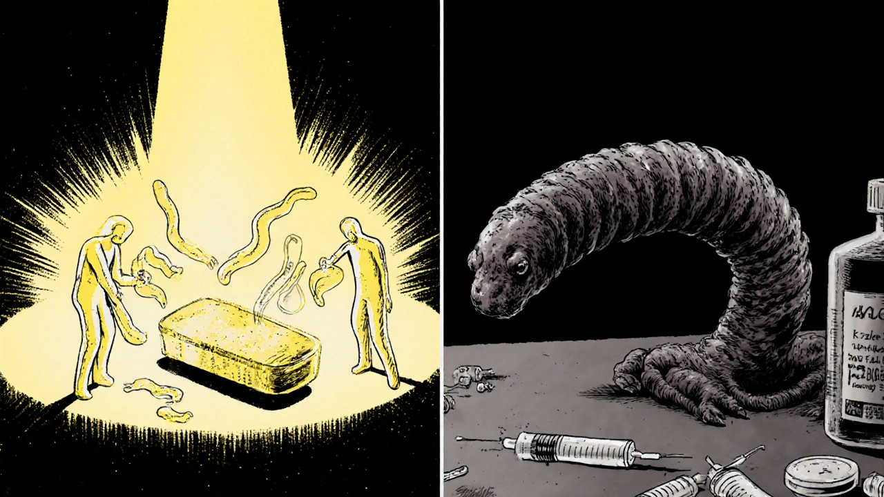 Noir split panel shows mebendazole destroying roundworms while a tapeworm remains unaffected.