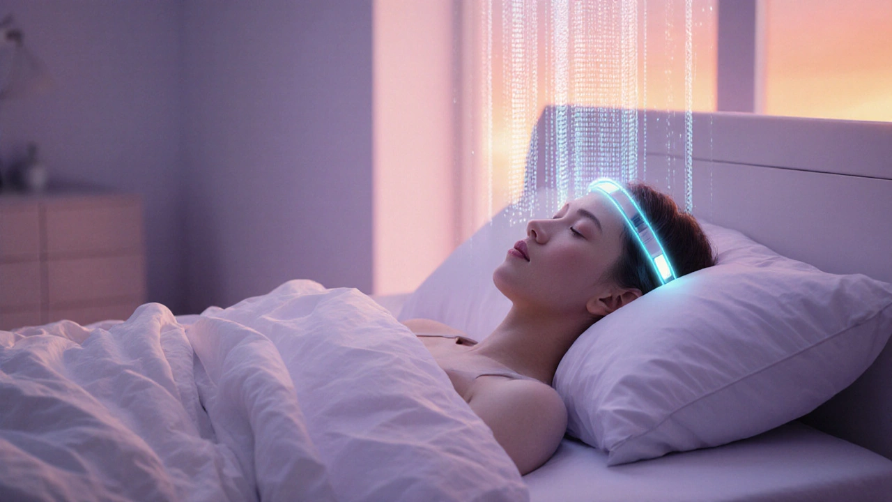 Person wearing a glowing EEG headband with holographic REM data in a sunrise-lit room.