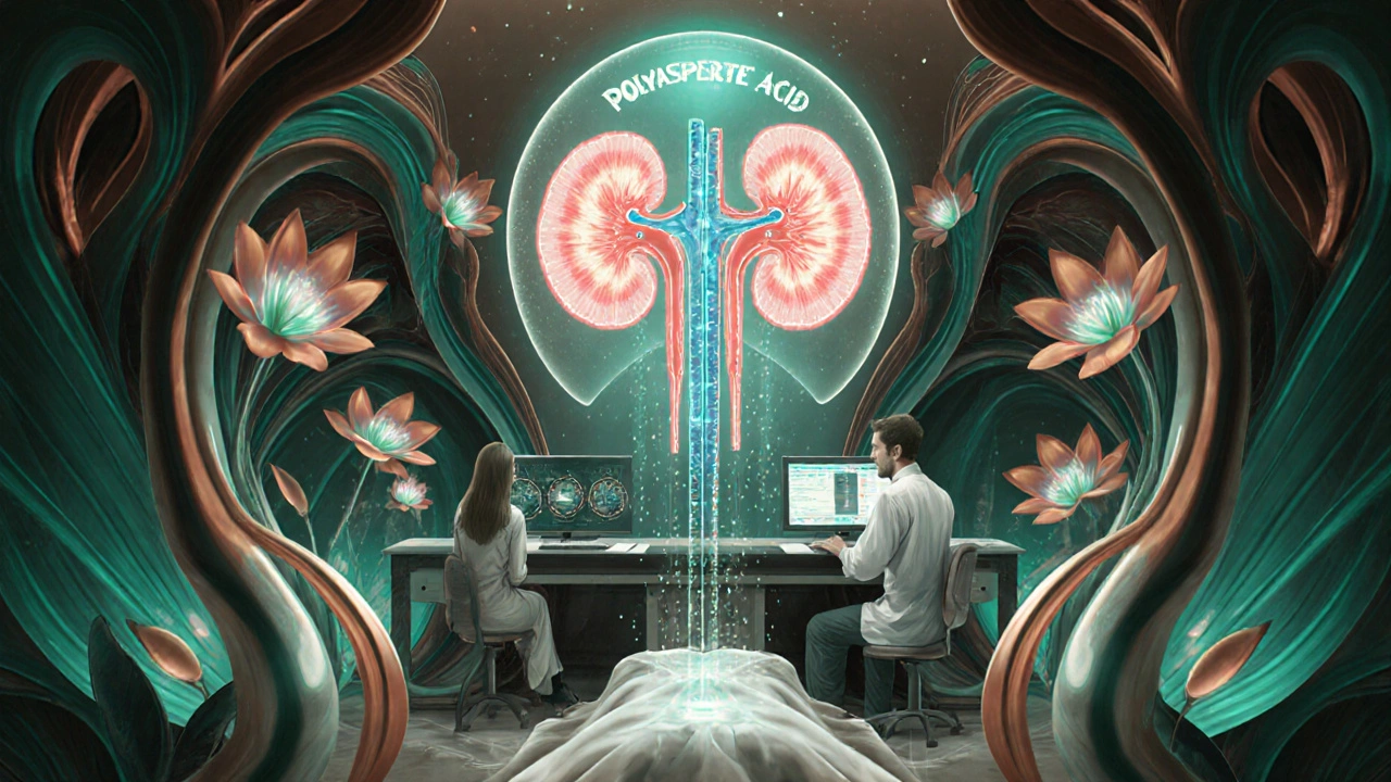 Scientists monitor a kidney protected by glowing polyaspartic acid shield, surrounded by healing floral motifs in Art Nouveau design.