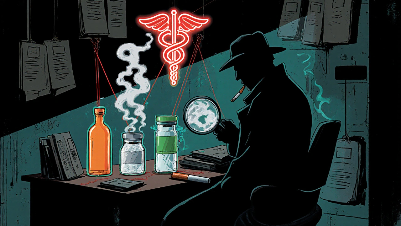 Silhouetted drug bottles and a magnifying glass with red strings linking them in a gritty office.