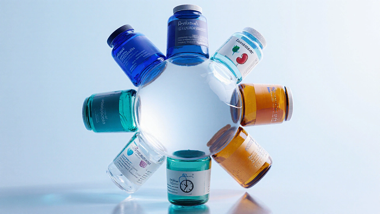 Six pill bottles floating around a glowing blood droplet, each representing a different anticoagulant.