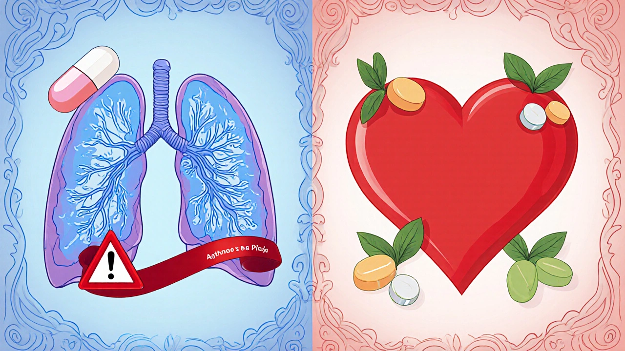 Split illustration comparing lung asthma risk of Propranolol with heart benefits of selective beta blockers.