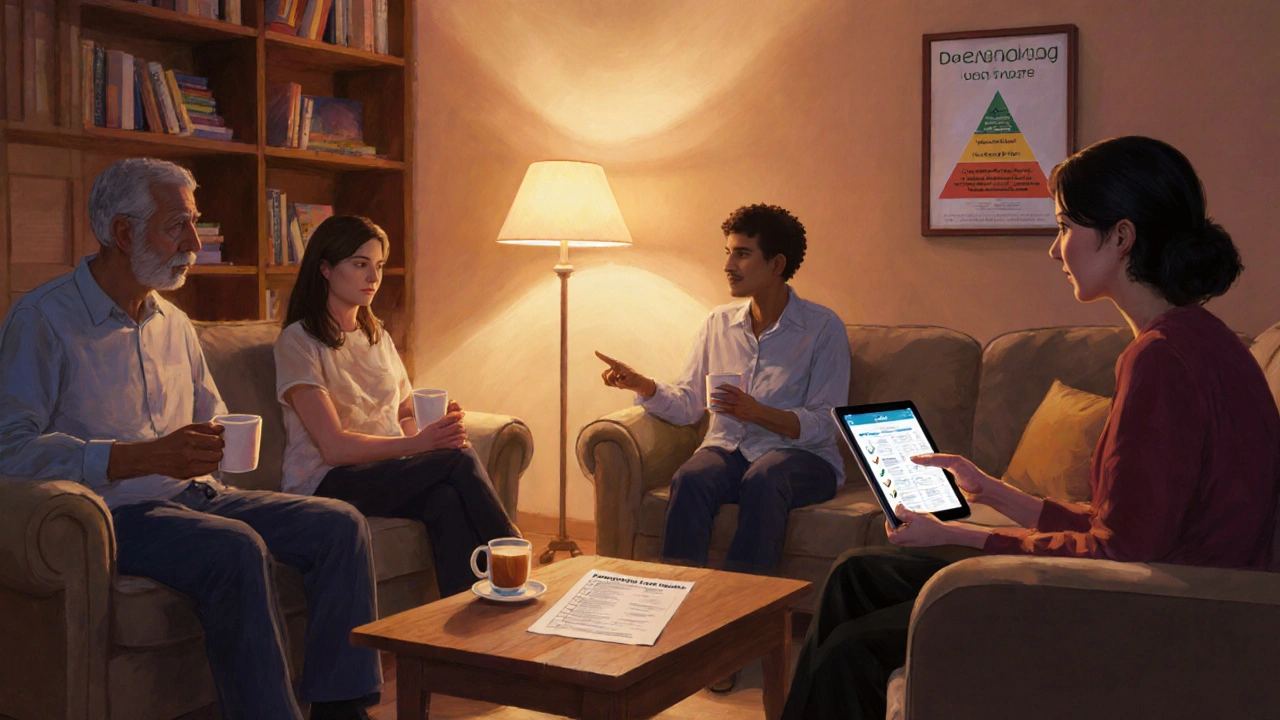 Support group sharing tea, checklist, and brain‑training app in living room.