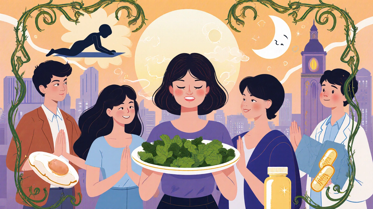 Supportive circle of friends and health icons around woman in Art Nouveau style.