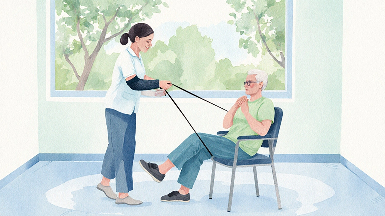 Therapist guiding seated marching exercise for gentle rehab.