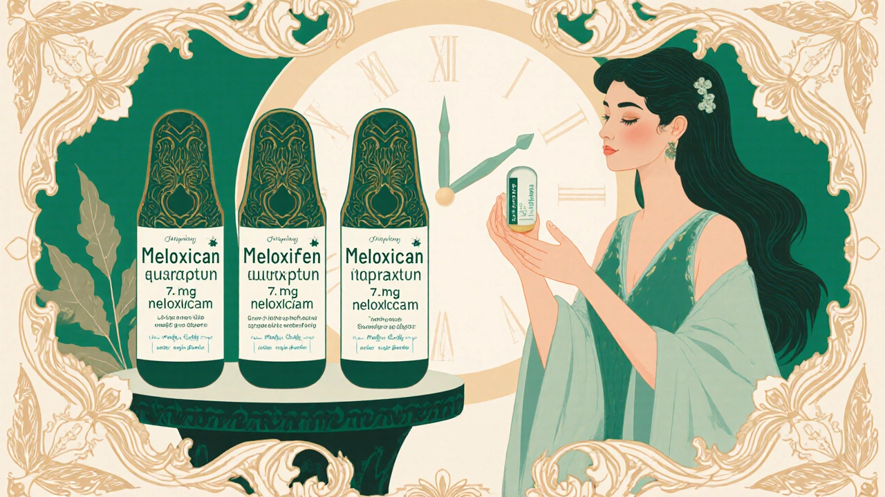 Three elegant capsules of meloxicam, ibuprofen, and naproxen displayed on a decorative pedestal.