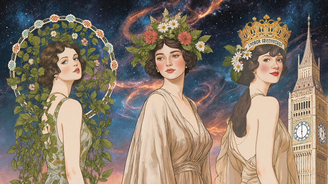 Three stylized women representing different blood pressure medications with floral crowns under a twilight sky