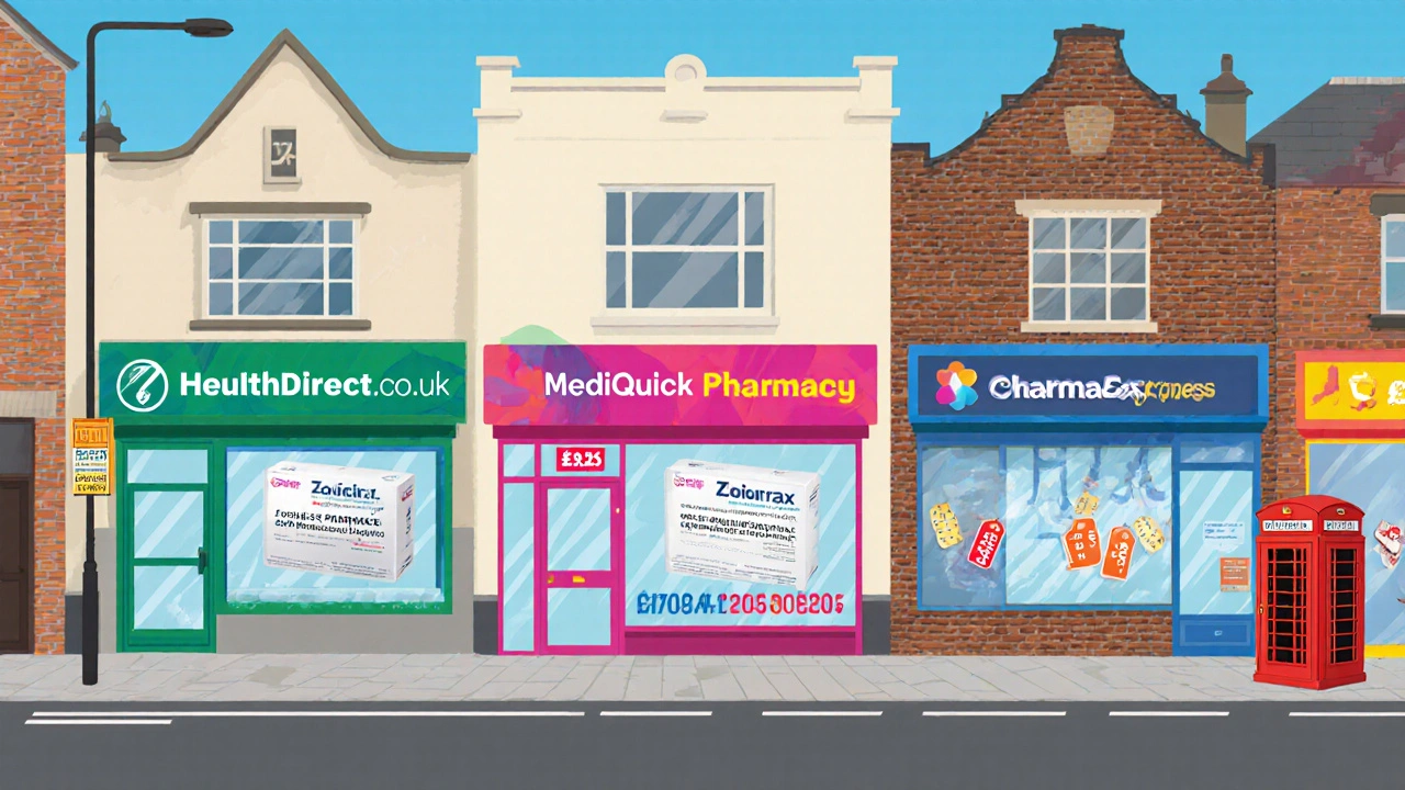 Three UK pharmacy storefronts displaying generic Zovirax price tags and MHRA numbers.