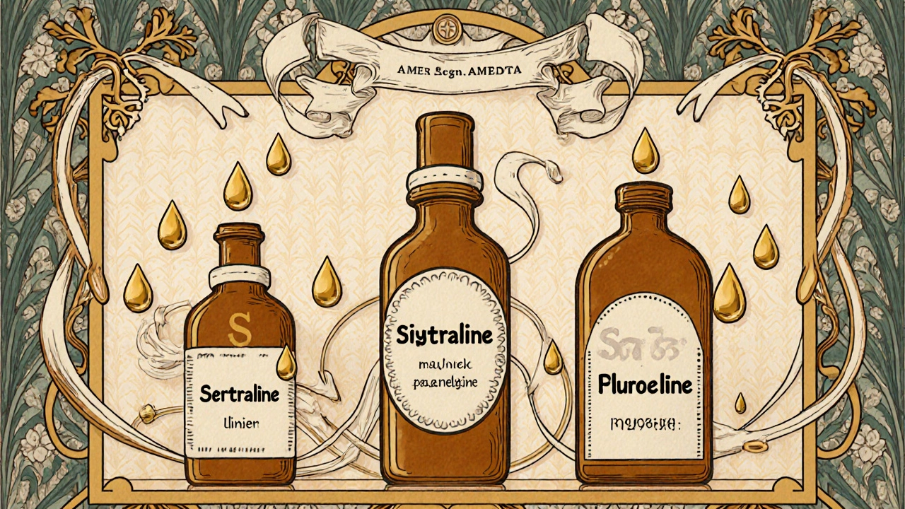 Vintage antidepressant bottles arranged with decorative vines and golden droplets indicating safety levels.