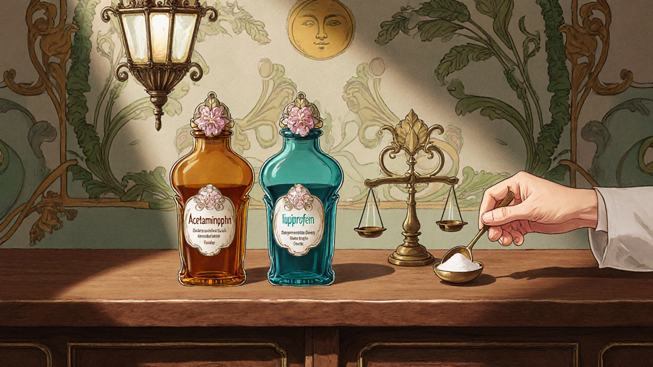 Vintage apothecary counter displaying ornate bottles of acetaminophen and ibuprofen.