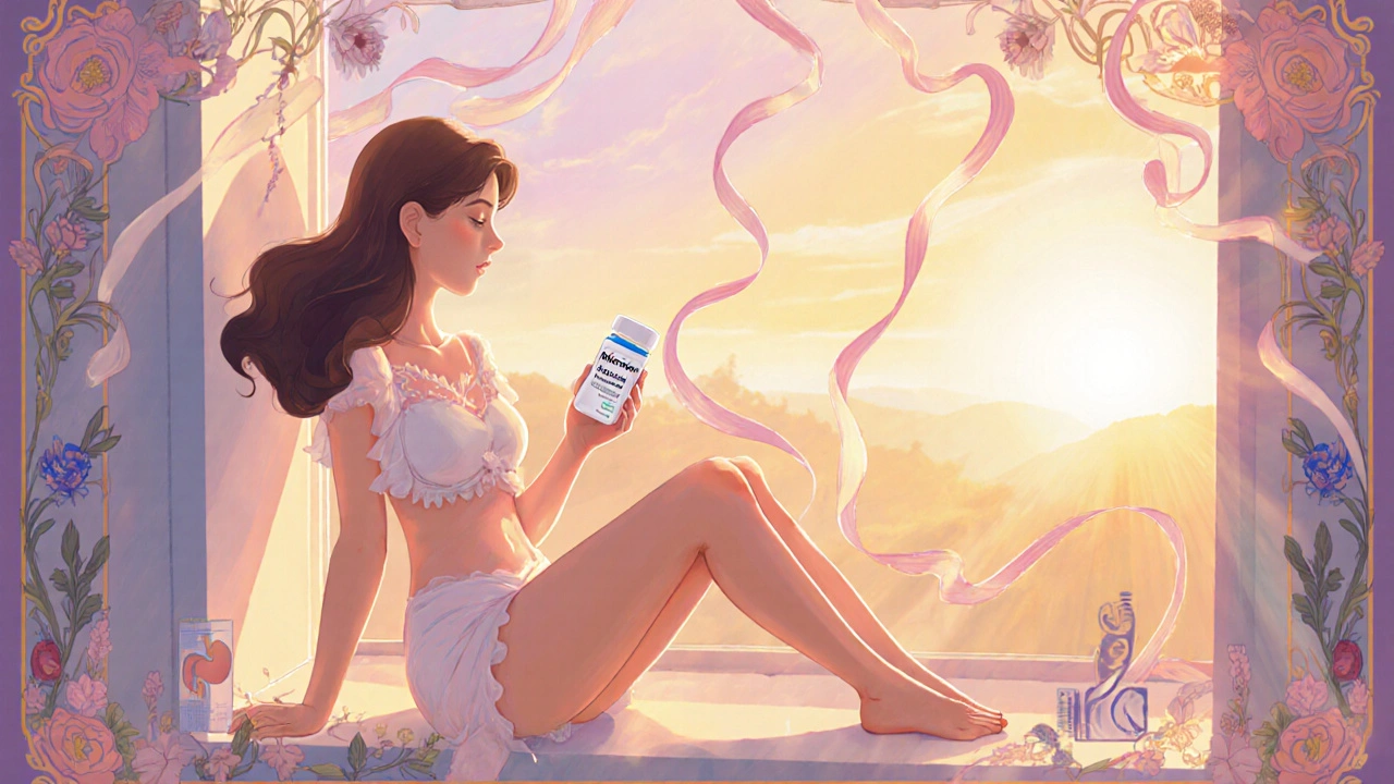 Woman on a sunrise windowsill holding a meloxicam tablet, surrounded by flowing ribbons.