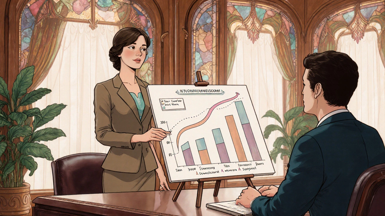 Woman presenting a data chart to manager in an elegant Art Nouveau office.