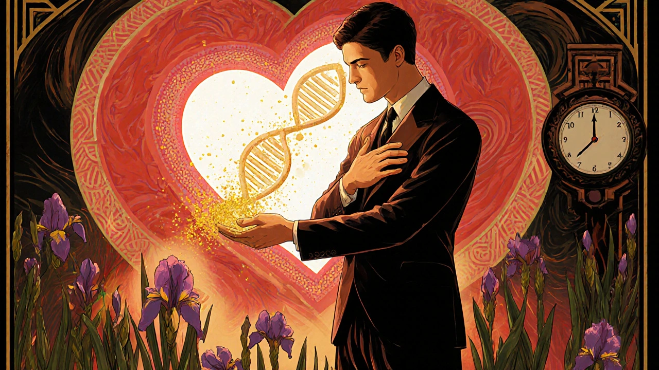 Young man with glowing mRNA helix dissolving into dust, a stylized heart pulses softly as irises bloom nearby.