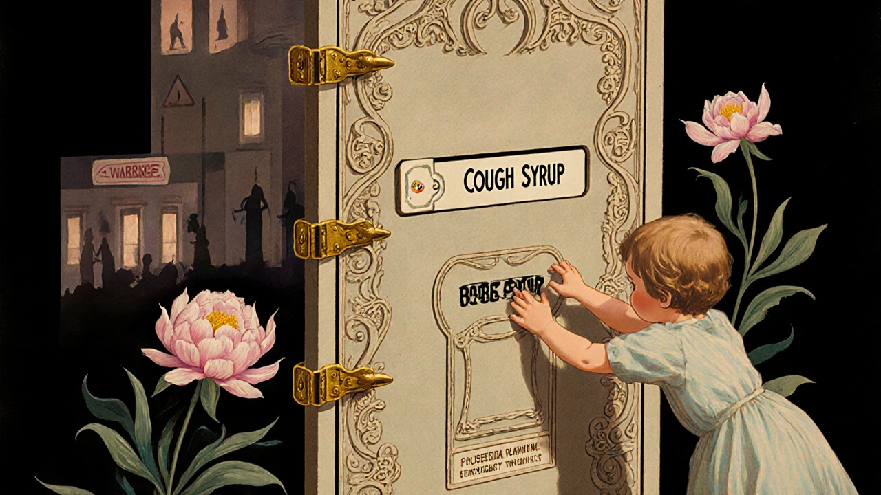 A child’s hand stopped by a giant ornate lockbox blocking access to medicine drawers.
