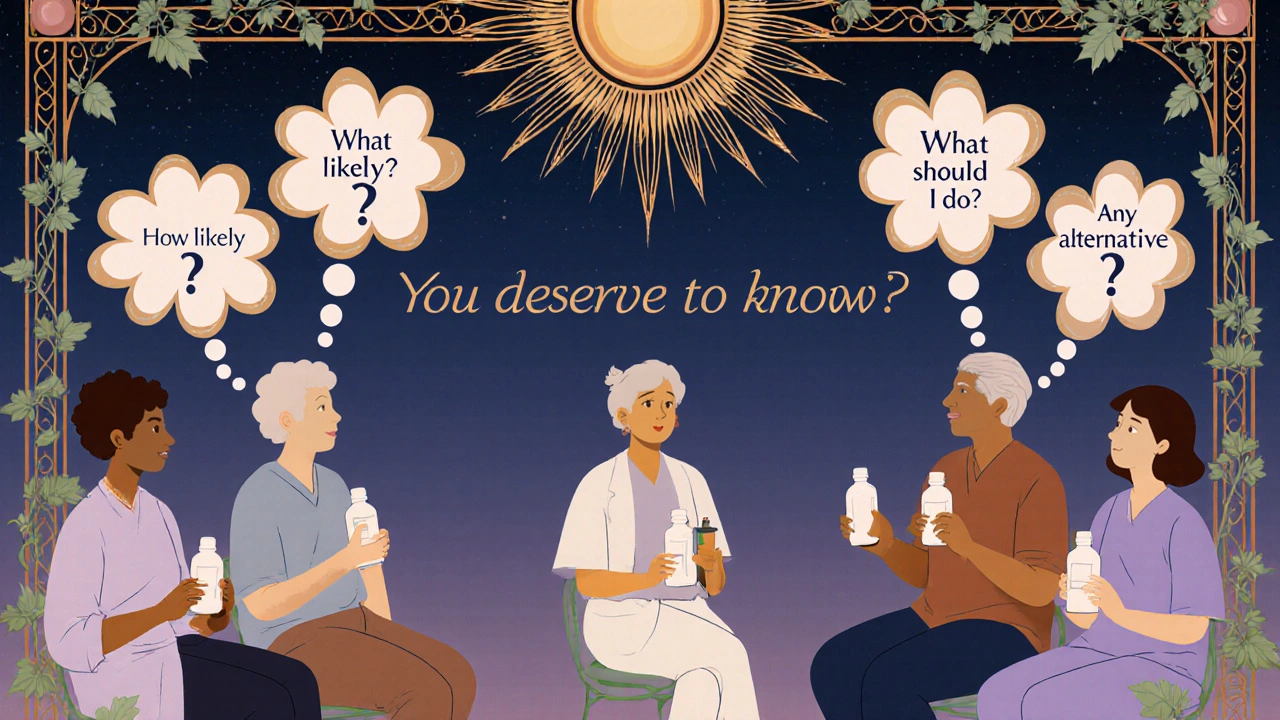 A circle of patients with thought bubbles shaped like flowers, each containing a question about medication side effects.