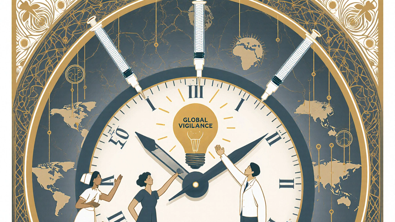 A clock with syringe hands and global health threads, symbolizing the future of drug safety collaboration.
