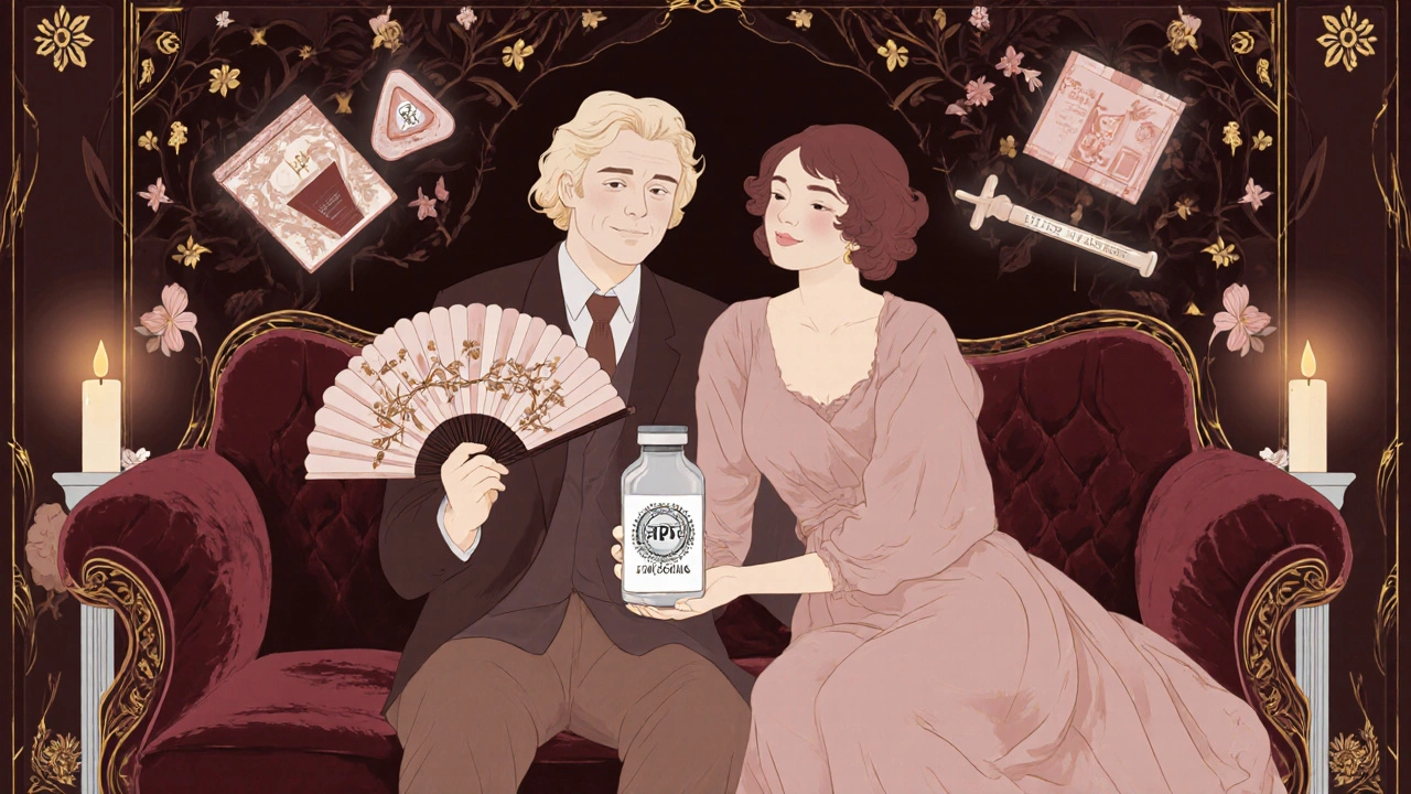 A couple shares a dental dam and vaccine vial amid ornate floral patterns symbolizing safe sex and protection.