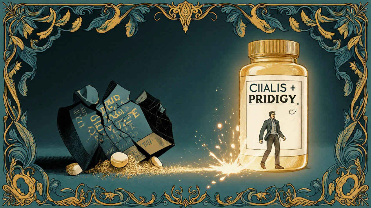 A crumbling counterfeit pill beside a glowing safe prescription, framed by swirling vines and golden light.