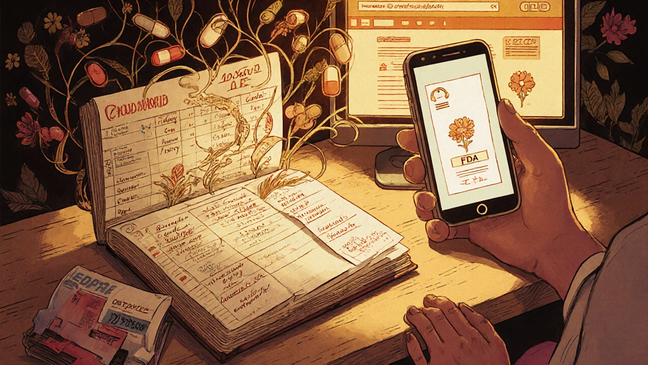A handwritten medication logbook with swirling details connects to a glowing FDA website, symbolizing preparedness and informed action.